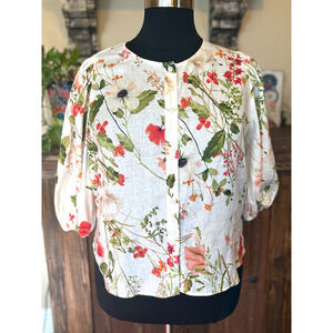 NWT H&M Top XL Floral Linen Blend Top Cream Orange Green Peasant Prairie Country